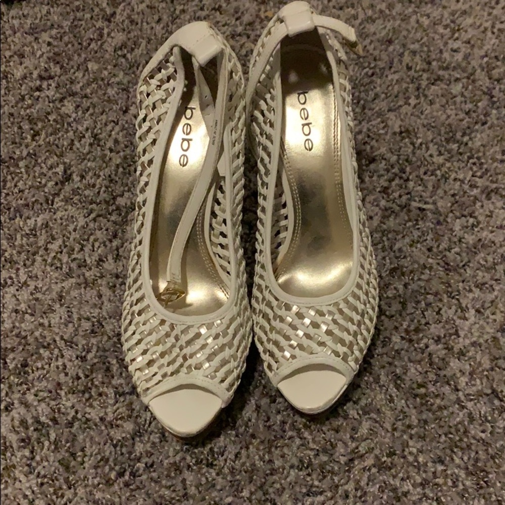 Bebe white woven high heels.